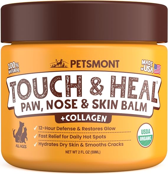 Petsmont Touch & Heal Organic Paw Balm for Dogs 2oz - Cream Lotion Protection Moisturizer Nose Natural Soother Hot Pavement Wax Dry Paws Cracked Butter Protectors Pad Snout Puppy Elbow Foot Pet