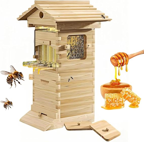 Beehive Starter Kit with Observation Window and Honey Spout - Complete Beekeeping Box Includes Carpenter Bee House for Garden Pollinators