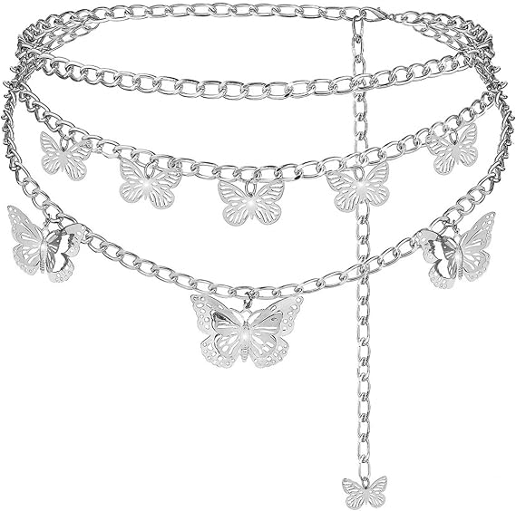 Women Girls Multilayer Metal Belly Waist Chain Butterfly Waistband Belts Body Chain for Dress Jeans Causal