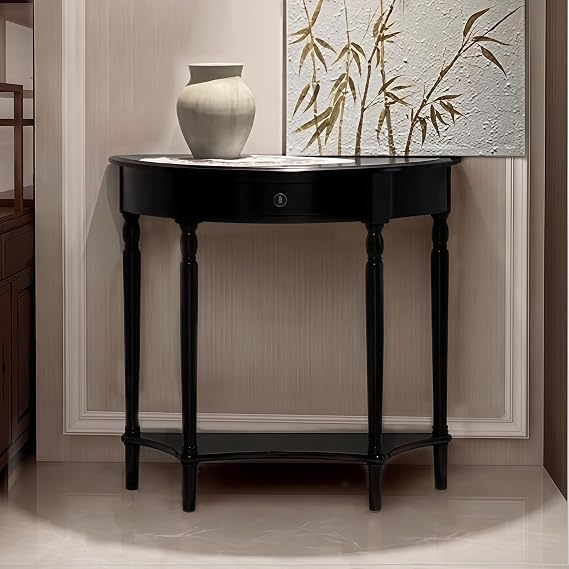 Solid Wood Half Moon Console Table,Semi Circle Table with Drawer – Entryway Accent table,Small Half Moon for Living Room,Hallway and Entrance Decor(Black,23.6x11.8x31.5)