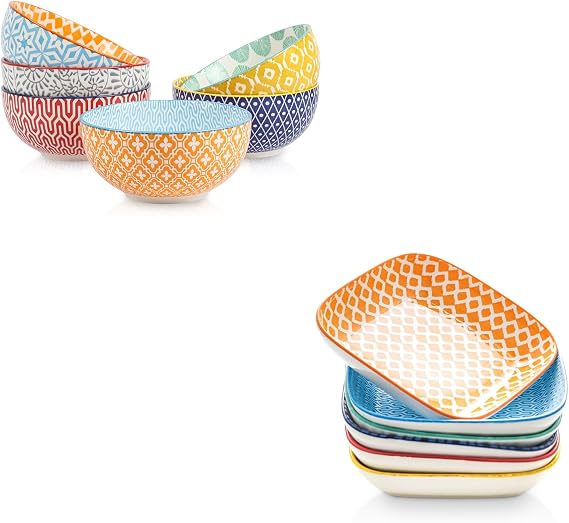 Selamica Ceramic Cereal Bowls Set 24 Oz + 8 Inch Square Dinner Plate, Assorted Colors