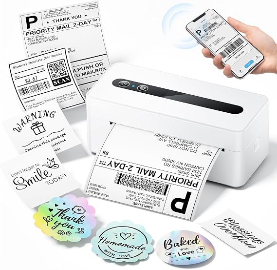 TATTMUSE Bluetooth Thermal Label Printer, 4X6 Shipping Label Printer for Small Business, Wide Format Plotter Printer Compatible with Phone, iOS, Android, Windows, Mac, Amazon, Ebay, Shopify, White