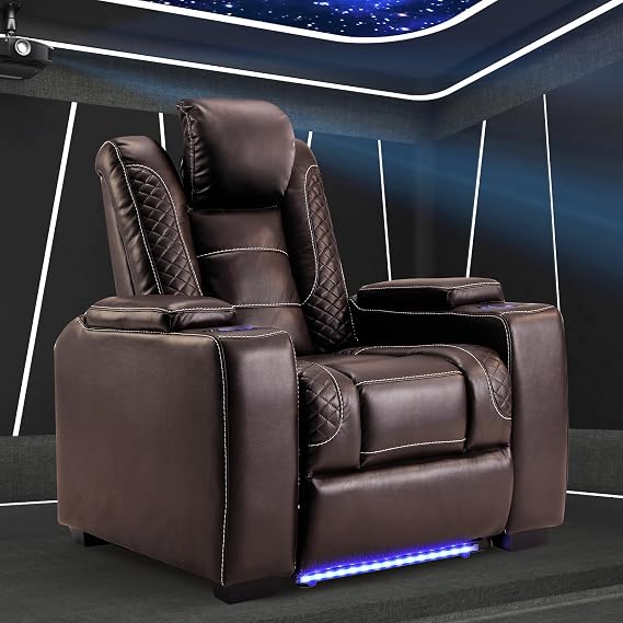 ANJ Power Home Theater Seating Recliner Chairs, PU Leather Recliner with Cup Holder, Electric Movie Theater Reclining Chairs with Adjustable Powered Headrest, LED Lights, Hidden Arm Storage (Brown)
