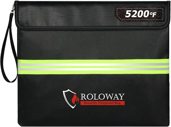ROLOWAY Fireproof Document Bag (14 x 11 inch) with 5200F Upgraded Aluminum Foil Layer, Fireproof Bag for Documents with Reflective Strip and Zipper (Black)