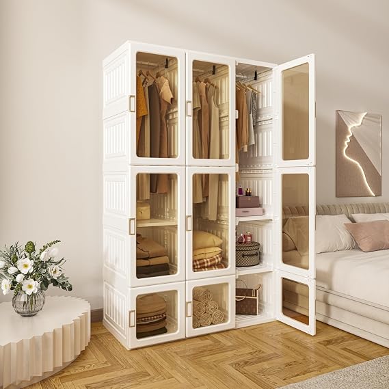 ANTBOX Portable Wardrobe Closet Storage Organizer for Clothes,Transparent Door Panels,Suitable for Living Room, Bedroom,Plastic Wardrobe with Magnetic Door and Easy Assembly (3 Hanging Rod)