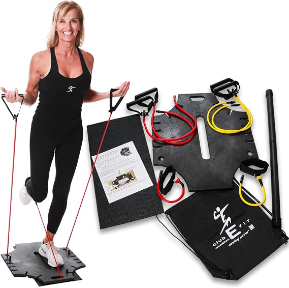 Portable Home Gym Resistance Band Board with Bar Full Body Workout System for Strength Training, Fitness, Toning, Core, and Low Impact Exercise Compact All-in-One Workout Platform with Bands