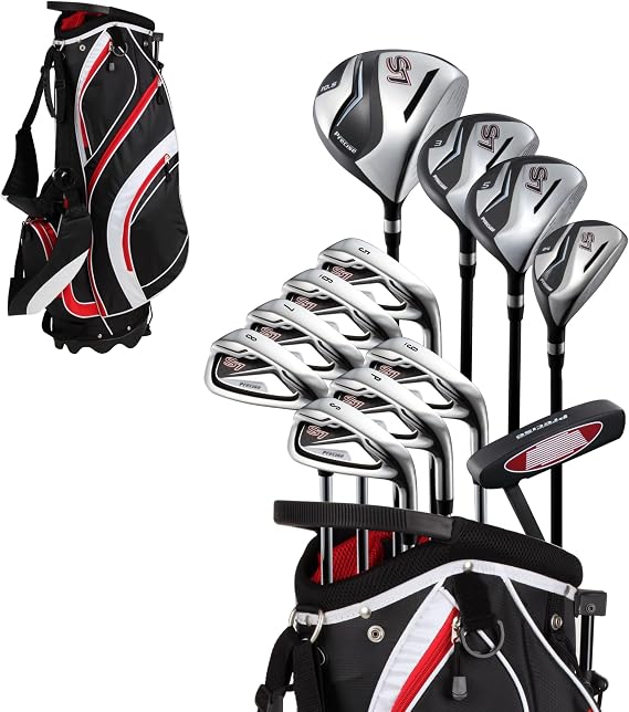 PreciseGolf Co. The 18-piece Men's Complete Golf Club Package Set includes. Titanium driver, #3 and #5 fairway wood, #4 hybrid, 5-SW iron, putter, standbag, head cover （ 4 ） -Choose color and size