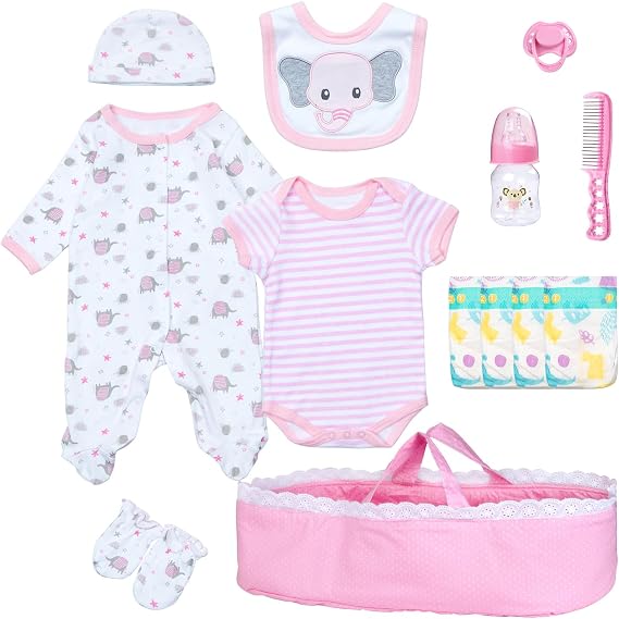 PEDOLLTREE 13 PCS Reborn Baby Doll Clothes Accessories Girl Accessories Outfit Pink Bassinet Set for 17-22 Inch Reborn Dolls,Newborn Baby Girl Doll Clothes & Blanket