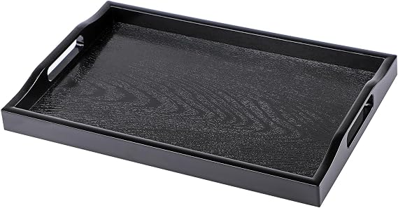 Rectangular Serving Tray with Handle, Decorative Table Platter, Plastic Ottoman Board (Black)