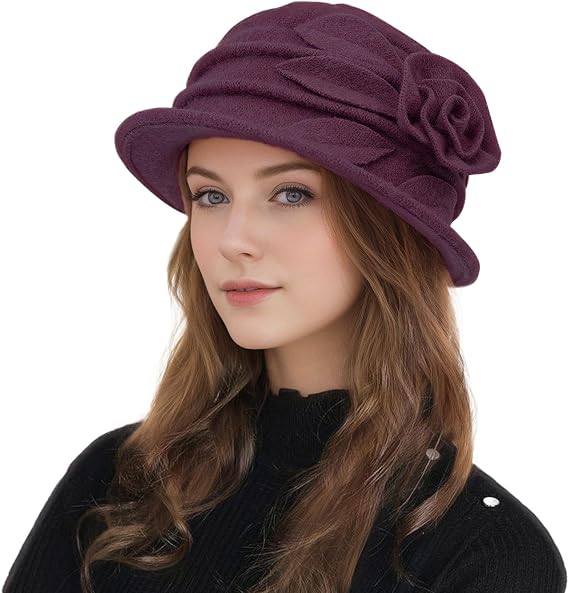 Surblue Winter Cloche Bucket Hat for Women Wool Round Hat Vintage Winter Hat with Elegant Flower