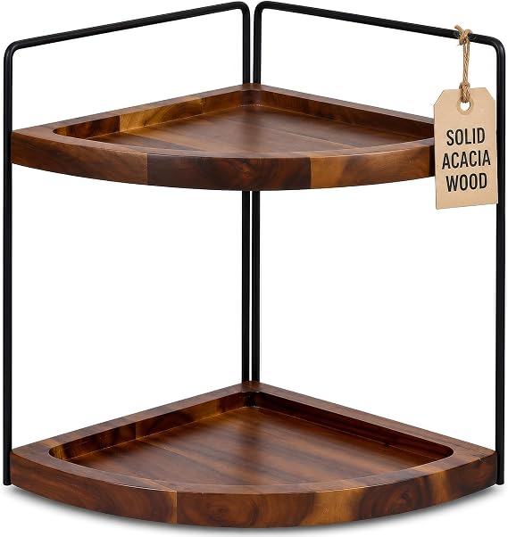 Demigo 2-Tier Corner Bathroom Organizer, Acacia Wood Countertop Shelf