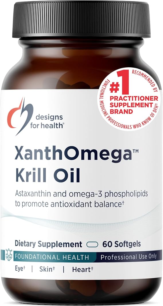 Designs for Health XanthOmega, Krill Oil, 12 mg Astaxanthin, 60 Softgels | Krill Oil with 12 mg Astaxanthin, Antioxidant, Phospholipids, EPA/DHA Omega-3, Cardiovascular, Skin, and Eye Health Support