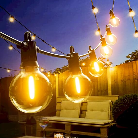 Kawaya Outdoor String Lights Mains Powered 25ft 7.6m Dimmable LED String Lighting Waterproof IP65 Garden Festoon Lights Fairy Lights Soft White 12+1 Bulbs for Outside Gazebo Backyard Balcony Party [Energy Class F]