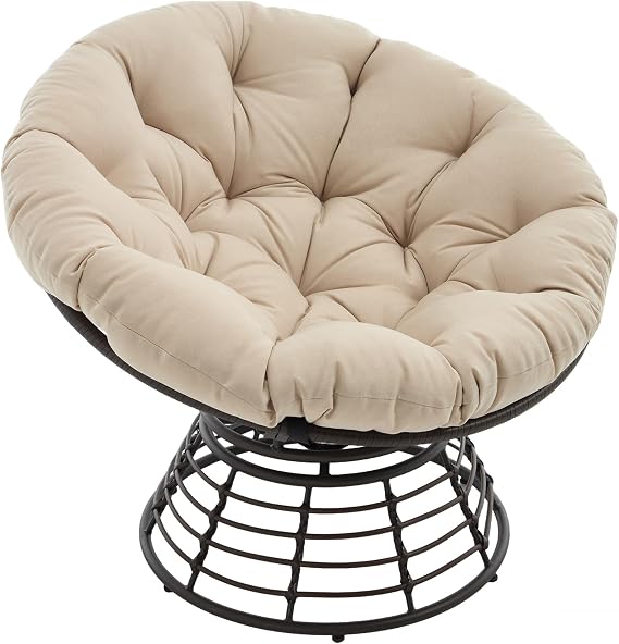 Papasan Swivel Chair with Steel Frame Recliner Chair with Soft Removable Cushion and Protective Padding Comfortable Lounge Chair for Living Room Bedroom and Balcony (Beige Polyester)