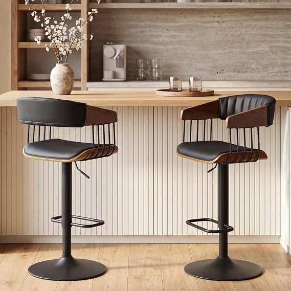 CIMOTA Swivel Adjustable Bar Stools Set of 2, Mid-Century Modern Counter Stools Bar Chairs with Barrel Walnut Back and Arms for Bar/Kitchen Island/Dining, 25-32.5 Inch Seat Height, PU Leather Black