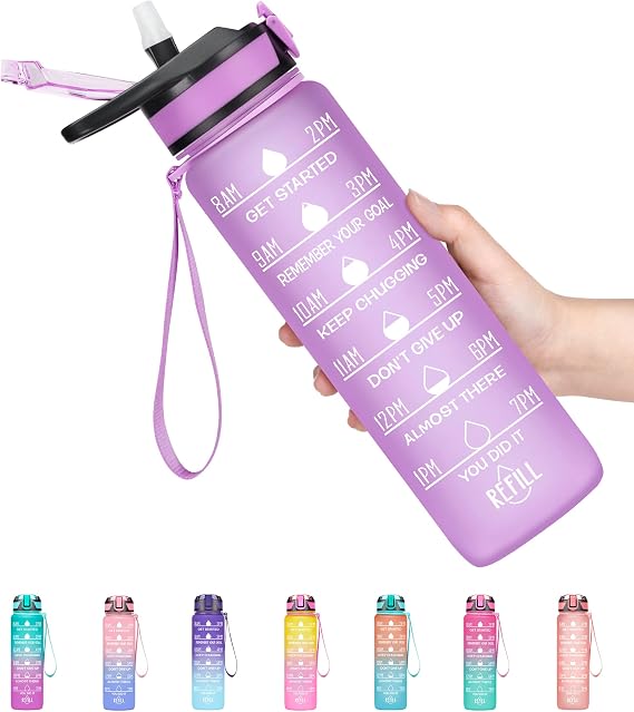 Fidus 32oz Motivational Water Bottles with Times to Drink & Straw,Leakproof BPA Free Bottle with Time Marker to Ensure You Drink Enough Water Daily for Fitness, Gym and Outdoor Sports