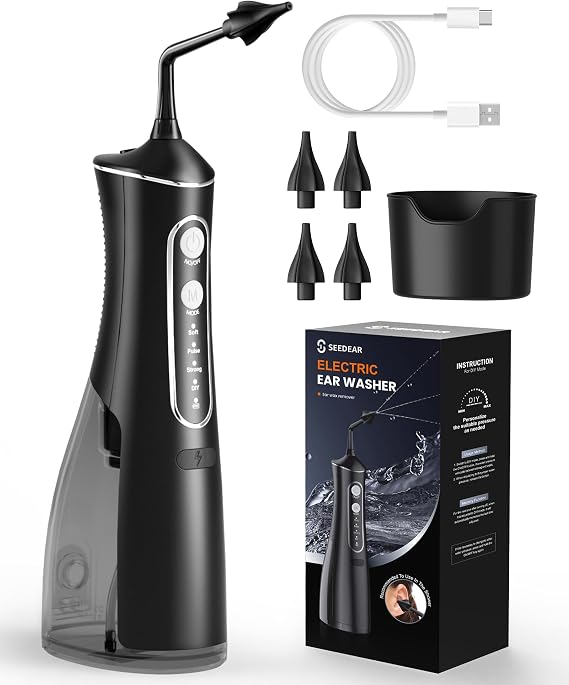 Electric Ear Wax Removal Kit, IPX7 Waterproof Ear Irrigation System, 4 Pressure Modes, 300mL Large Tank, 4 Reusable Soft Tips, for Adults &amp; Kids, Safe Home Ear Cleaning Tool (Black)