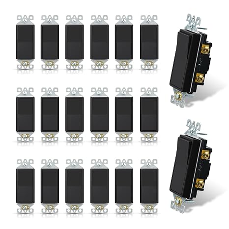 ELEGRP Matte Black Single Pole Decorator Light Switch, 15Amp, 120-277V, Decorative Paddle Rocker Switch Replacement, On/Off Wall Switch, Self-Grounding, Residential/Commercial Grade, UL/CUL (20 Pack)