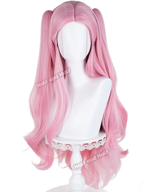 Light Pink Curly Anime Ponytail Wig 34.6'' Long Pastel Pink Twin Tail Wigs