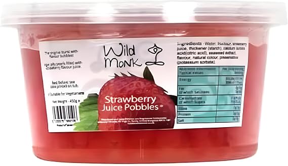 Wild Monk Strawberry Popping Boba for All Your Drinks - Ideal for Bubble Tea, Dessert toppings, and Cocktails - 100% Vegan Fruit Pearls - Gluten-Free, Lactose-Free - 450g.