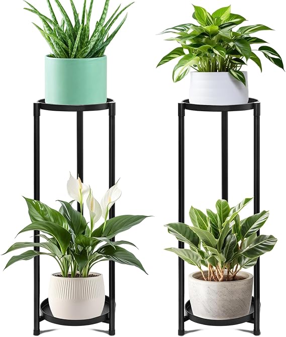2 Tier Tall Plant Stand Indoor, 2Pcs Black Corner Round Plant Stand for Outdoor Multiple Plants, Metal Flower Pot Stands Holders Plant Shelf Display Rack for Balcony Living Room Garden