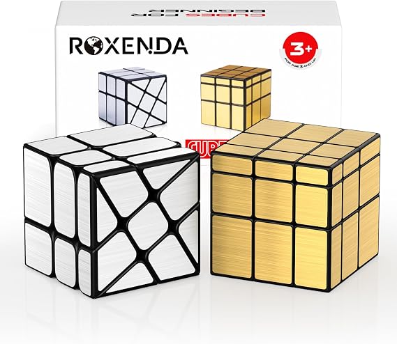Roxenda Set Bundle Pack Set of 2 Gold Mirror S Silver Windmirror Irregular Speedcubing 3x3x3 Speed Cube Twisty Box Puzzle