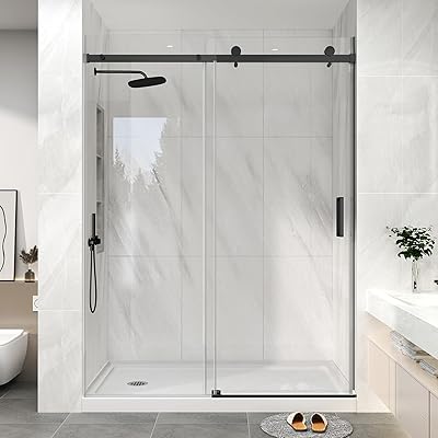 KPUY Frameless Shower Door, 55-60 W x 76 H Sliding Glass Shower Door, 14 6mm Thick Tempered Clear Glass with Explosion-Proof Film Nano Coating in Matte Black Finish
