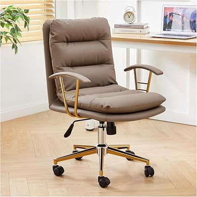 360 Swivel Home Desk Chair, PU Leather Upholstered Ergonomic Office Chair with Tiltable Back, Comfortable Upholstered Vanity Chair, Computer Armchair Light Coffee-Height 90-100CM