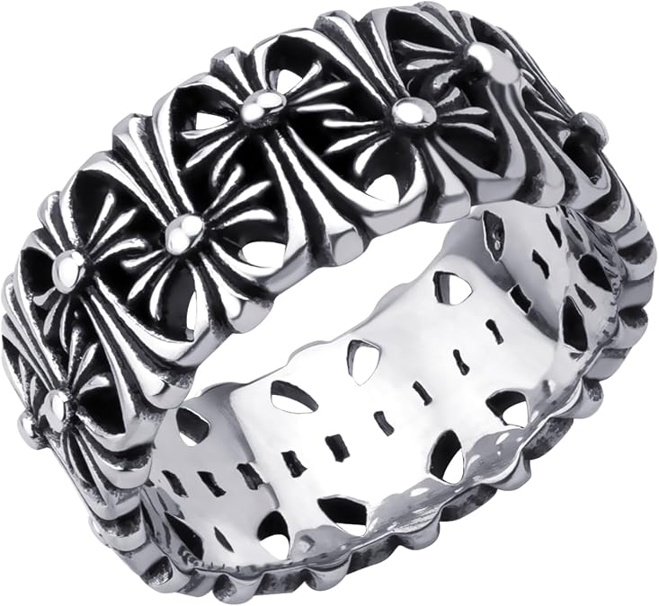 555Jewelry Stainless Steel Rings Men 10MM Cross Rings for Men Chrome Hearts Ring Wedding Band Vintage Retro Gothic Biker Christian Rings for Men US Size 7-13