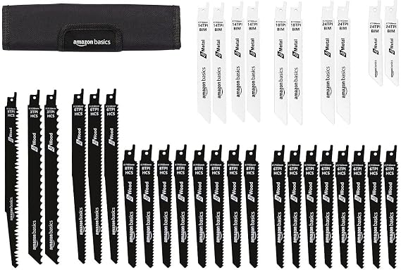 Amazon Basics Reciprocating 32 Piece Saw Blade Set With Organiser Pouch, Black & White