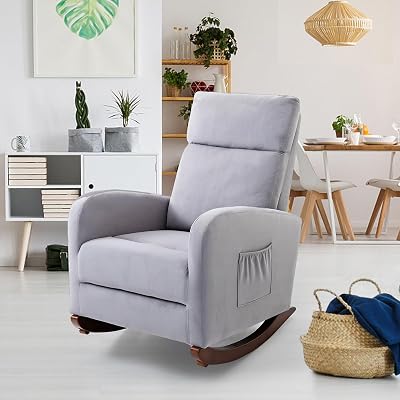 AVAWING Glider Rocking Chair, Upholstered Rocker for Nursery with Solid Legs and Side Pockets, High Back Armchair for Living Room Bedroom Grey
