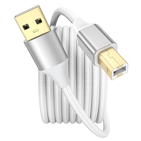 White Printer Cable, USB Printer Cable 10 Feet, Nylon Braid