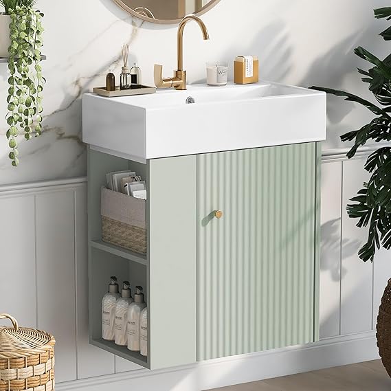 BNSPLY 22 Inch Floating Bathroom Vanity with Sink, Wall Mounted Bathroom Vanity Cabinet with Ceramic Sink, Modern Single Basin Vanities, Small Restroom Basin Cabinet with Left Side Storage, Green