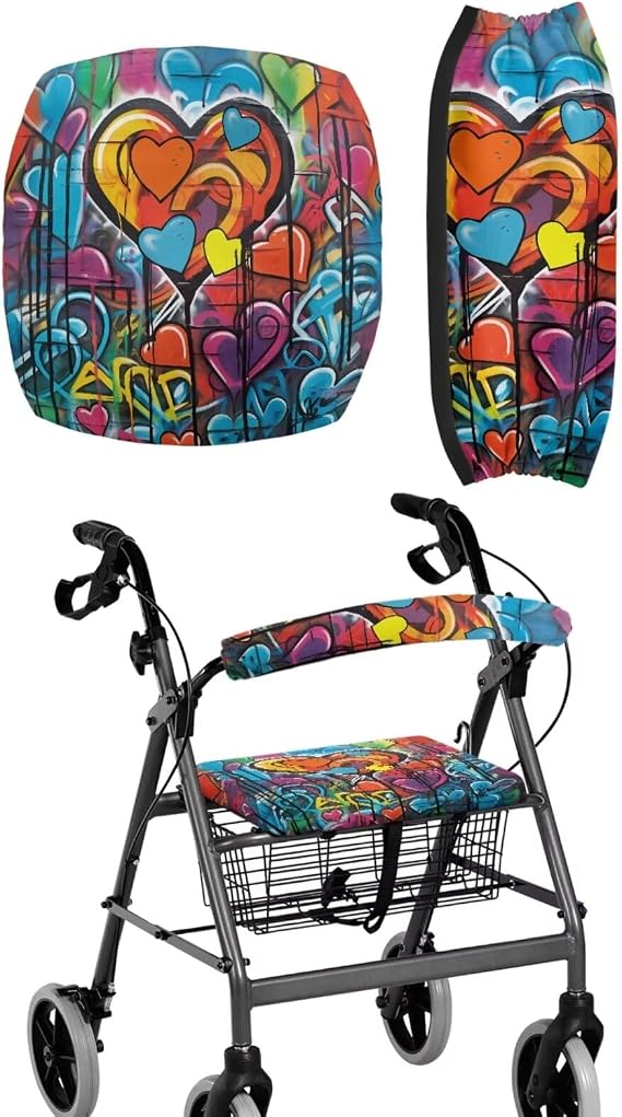 LedBack Valentines Day Rollator Accessories Heart Art Doodle Print Rollator Walker Seat Covers for Ladies Walker Seat Set Gifts for Seniors in Assisted Living
