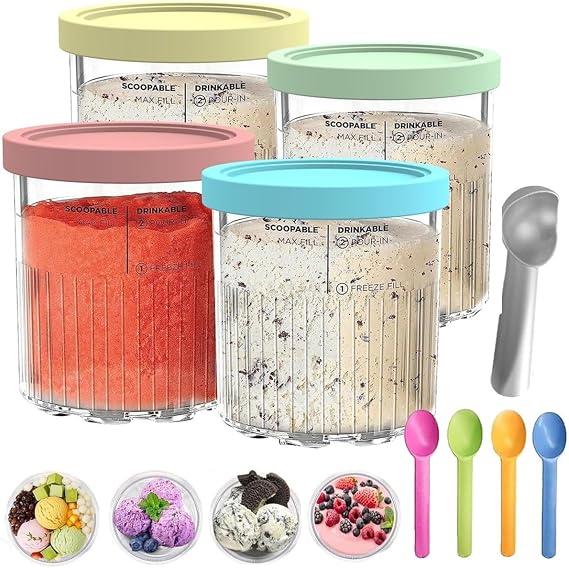 4 Pack Ice Cream Tubs for Ninja Creami Deluxe NC500 NC501 UK Series - 24 oz Replacement Pint Containers with Color Lids and Spoons BPA-Free & Dishwasher Safe with Aluminum Scoop