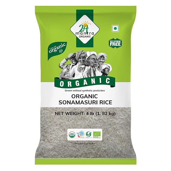 24 Mantra Organic Sonamasuri White Rice 4 lb Source of Carbohydrates & Dietary Fiber | Source of Protein, Iron & Magnesium | Naturally Low in Fat & Sodium | Gluten-Free & Light to Digest | USDA Certified Organic