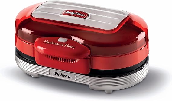 Ariete Party Time Hamburger Makinesi Kırmızı 0205/00 - Hamburger Maker, 1200 Watt, Çift Yapışmaz Plakalar, Aynı Anda Üst Plakada 2 Sandviç Ekmeği Isıtma, Alt Plakada Köfte Pişirme Özelliği