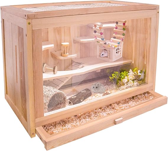Wooden Hamster Cage Small Animals House Habitat Hutch for Dwarf Hamster, Guinea Pig, Chinchilla, Rabbit, 2-Tiers with Shelf and Ladder, Openable Top, Pull-Out Tray, Natural Wood