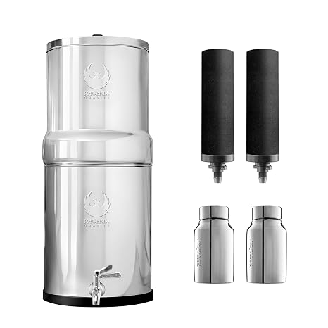 PHOENIX GRAVITY 12 Litre Paslanmaz Çelik Yerçekimli Su Filtresi | NSF Sertifikalı AISI 304 | 2 Akıllı Karbon Kartuşu ve 2 Florür Giderici Son İşlem Kartuşu Dahil | Elektrik veya Tesisat Gerektirmez