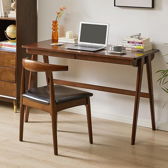 Solid Oak Wood Writing Desk Mid Century Modern Small Desk with Drawers for Bedroom or Living Room Easy Assembly Computer Desk for Home Office (31 Inch Walnut)