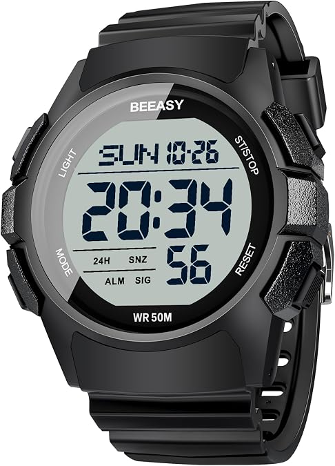 Beeasy Mens Digital Sports Watch, 50M Waterproof 49mm Rubber Strap Mens Watches with Stopwatch, Countdown Timer, Alarm & Dual TimeIdeal for Sport, Gym, Running, Referee, School & Daily Wear