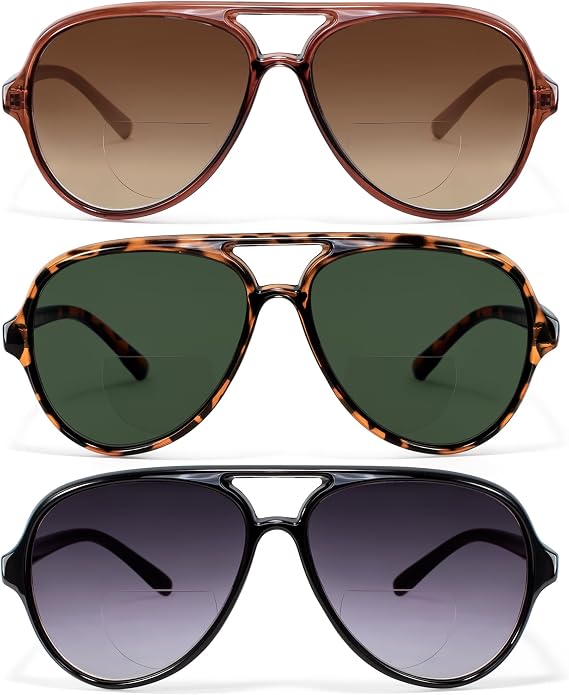 EYEGUARD 3 Pack Retro Aviator Bifocal Reading Sunglasses for Women Men UV400 Protection Classic Square Sun Readers