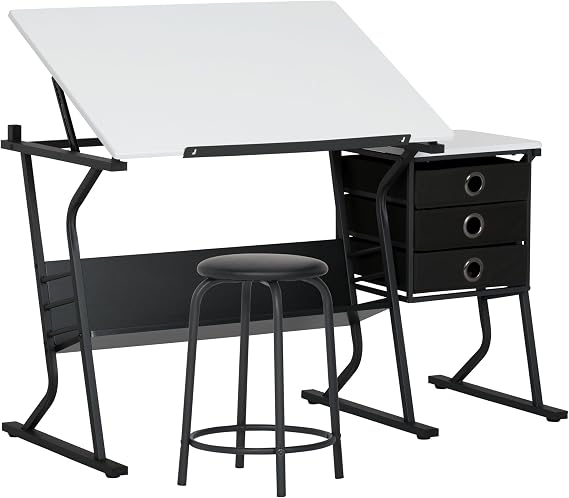 2 Piece Eclipse Ultra Center/Drawing Table with Stool, Angle Adjustable Top, Storage Shelves, and Drawers