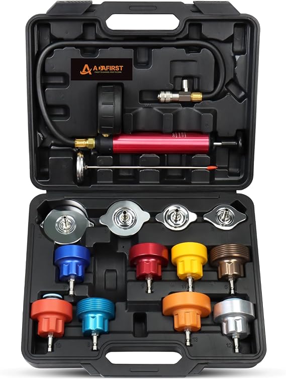 Coolant Pressure Tester Kit, Manual Pump Radiator Pressure Tester and Adapters Work on Cooling System Leak Down Test for Cars Motorcycles Trucks Airlifts, 14PCS Automotive Tools Black