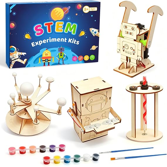 Set of 4 Science Experiments for Kids Ages 8–14, Electronics Kit STEM DIY Toy, Wooden Science Building Kit 3D Puzzle, Experiment Kit Educational Toy Gift for Boys