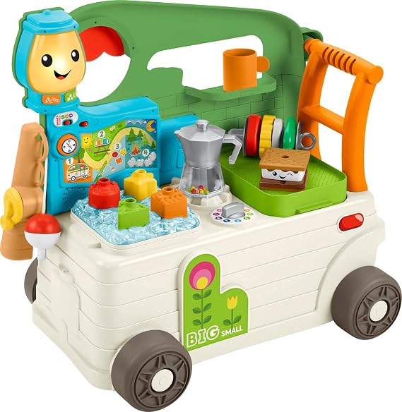 Fisher-Price Baby to Toddler Toy Laugh & Learn 3-in-1 On-the-Go Camper Walker & Activity Center with Smart Stages for Ages 9+ Months, Tan/Green