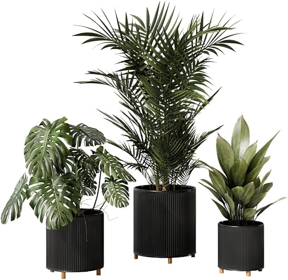 EverNest Everett Black Striped Modern Planter with Peg Leg Stand, Plant Pot Set, SelectBase, Neutral Mid-Century Modern Home Decor, Cachepot Planter for Indoor Plants (Set of 3)