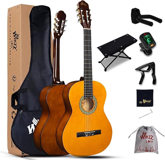 Winzz 4/4 Full Size Classical Guitar for Adults Teenager Students Beginners with Nylon-String (39 Inches, Yellow Glossy)