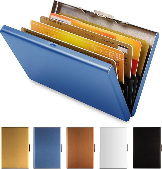 Vicloon Metal Card Holder Wallet, Ultra Thin Stainless Steel Metal Wallets RFID Blocking Credit Card Wallet Holder for Men & Women,Best Card Protector with 6 PVC Slots - Blue