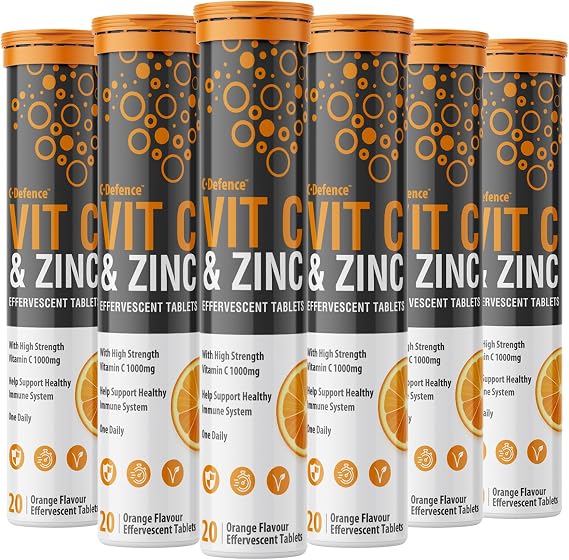 Vitamin C 1000mg & Zinc 15mg Orange Flavour Effervescent Tablets by Club Vits (6 Tubes of 20 Tablets)